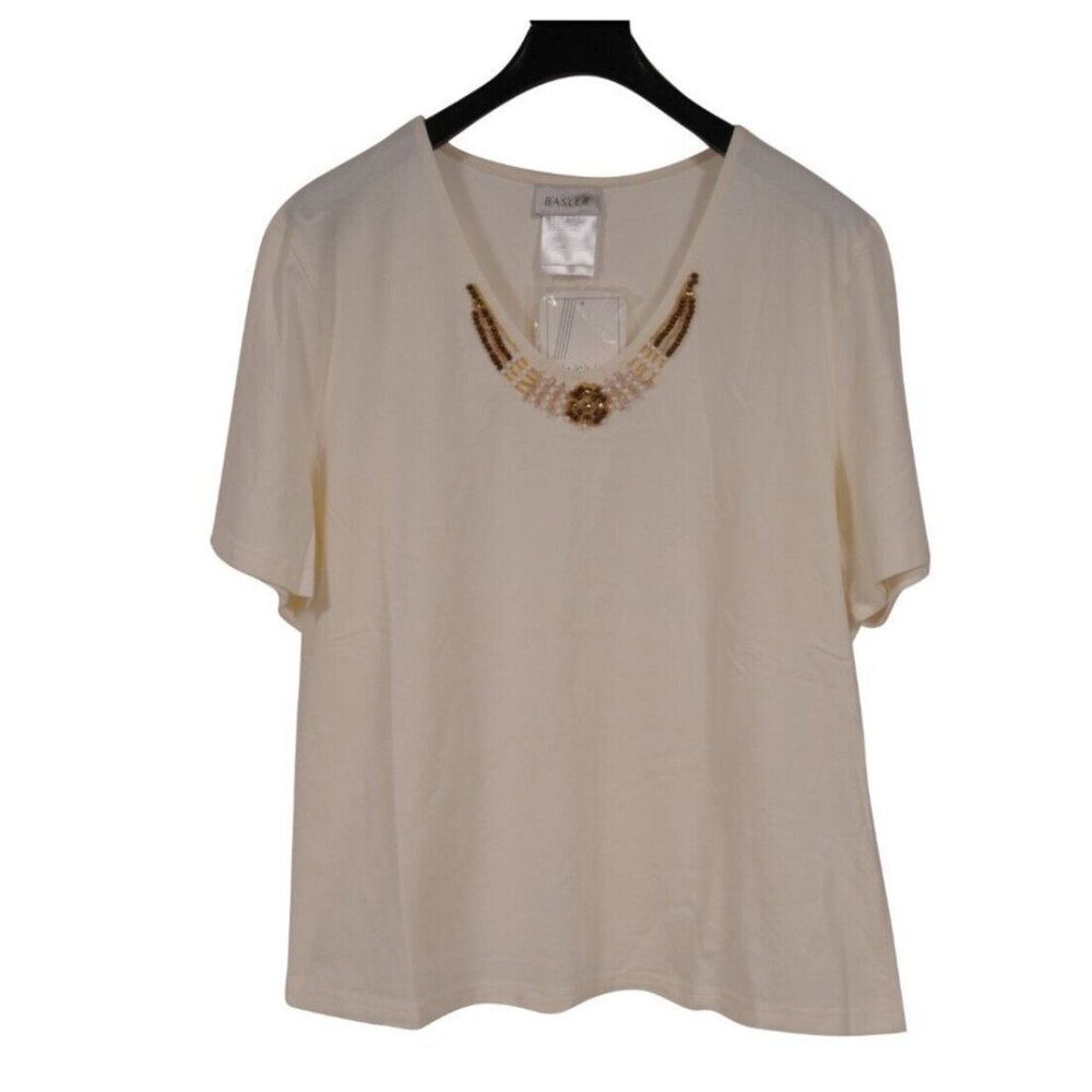 Basler Womens Beaded Top Medium FR 44 Cream Top Stretch Cotton Embellished